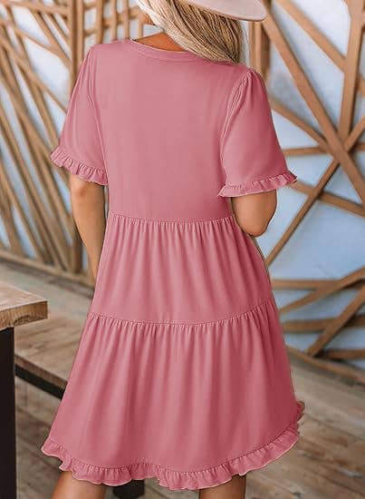 V-Neck Short-Sleeved Black Eared Pocket Dress