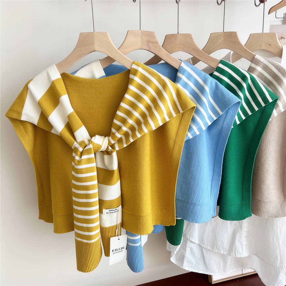 STRIPED KNIT SHAWL NECK SHOULDER WRAP_CWASC0843