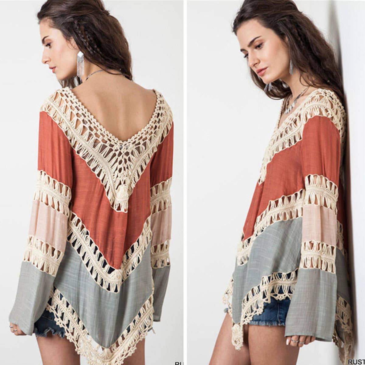 BOHEMIAN LONG SLEEVE BEACH SWIMSUIT COVER UP_CWMW0646