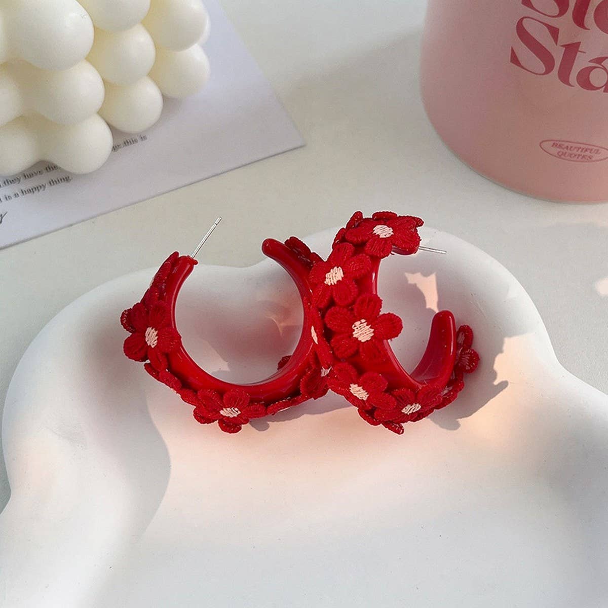 SUMMER EMBROIDERED FLOWER STUD EARRINGS HANDMADE_CWMM6184