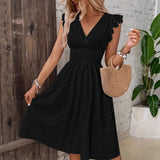 V-Neck Hollowed-Out Floral Cinched-Waist Dress