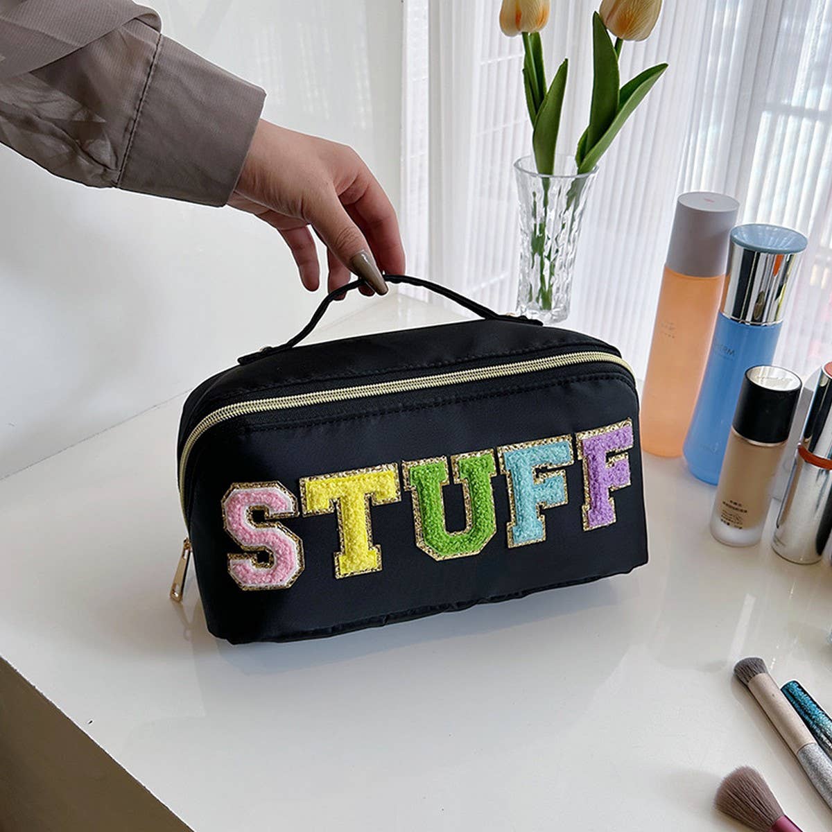 NYLON HAND HELD FLOCKING LETTER COSMETIC BAG_CWAB4383