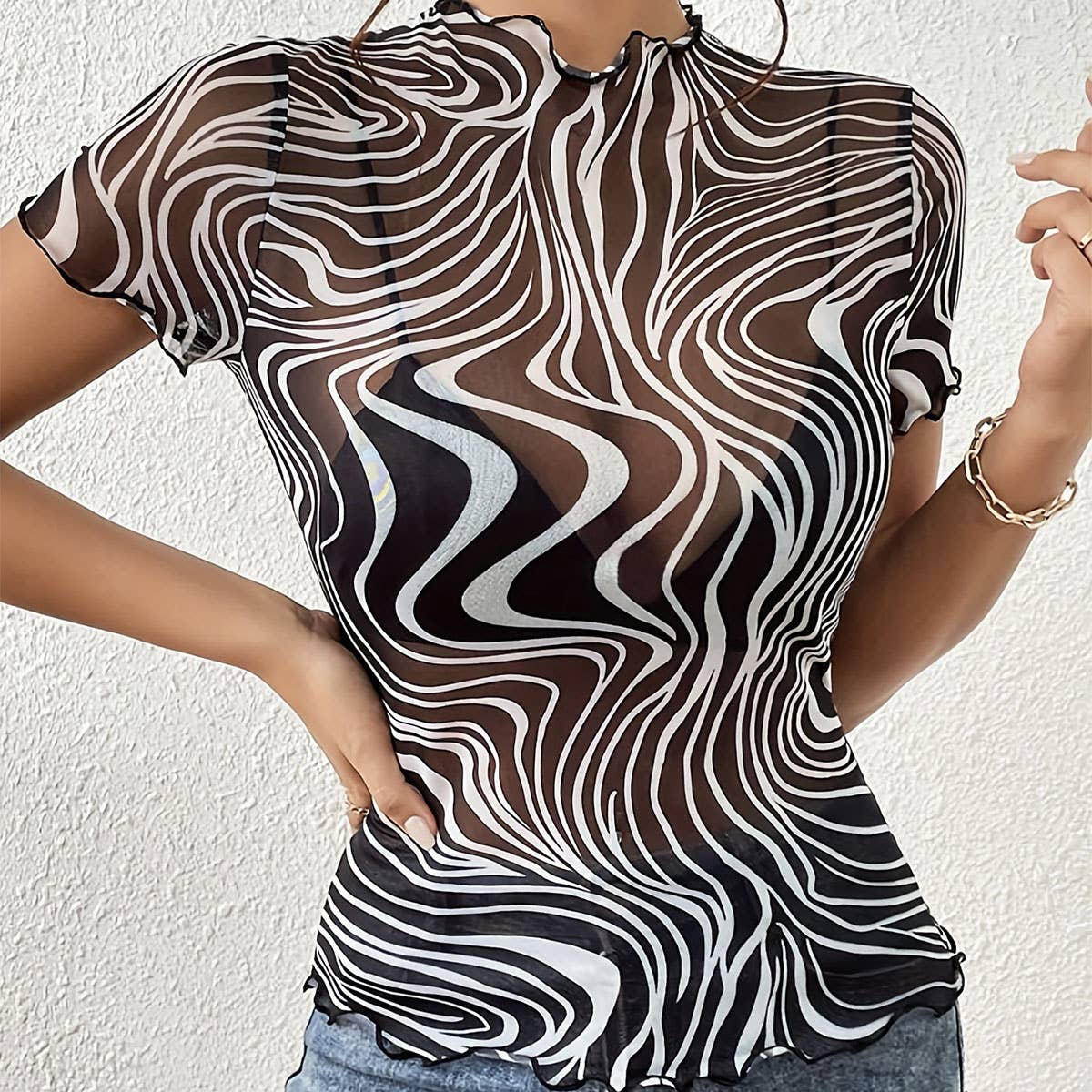 BLACK WHITE STRIPED SEMI SHEER MESH SHORT TOP_CWTBLS1511