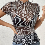 BLACK WHITE STRIPED SEMI SHEER MESH SHORT TOP_CWTBLS1511