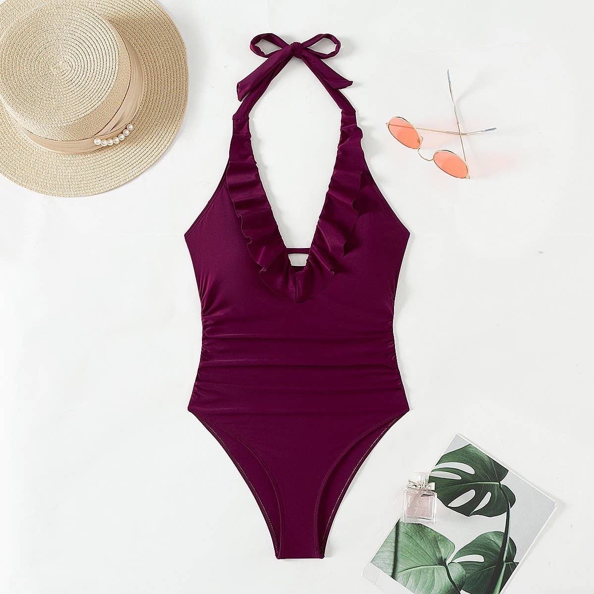 Womens Backless Ruffled One-Piece Swimsuit