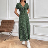 V-Neck Elegant Cinched Waist Casual Floral Dress