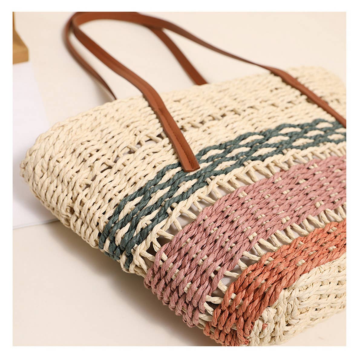 COLORFUL STRIPED SHOULDER STRAW BAG_CWAB1865