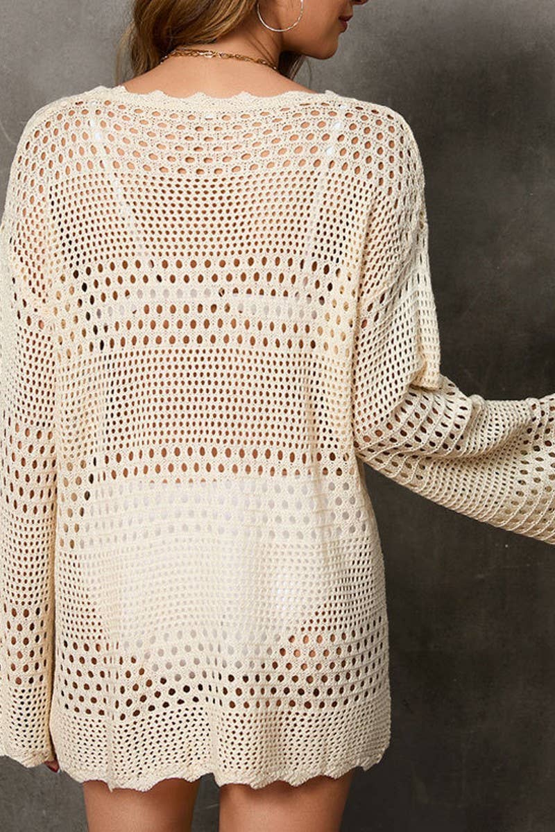 Cwtbll3657_Hollow Knit Cardigan Bell Sleeve Beach Dress