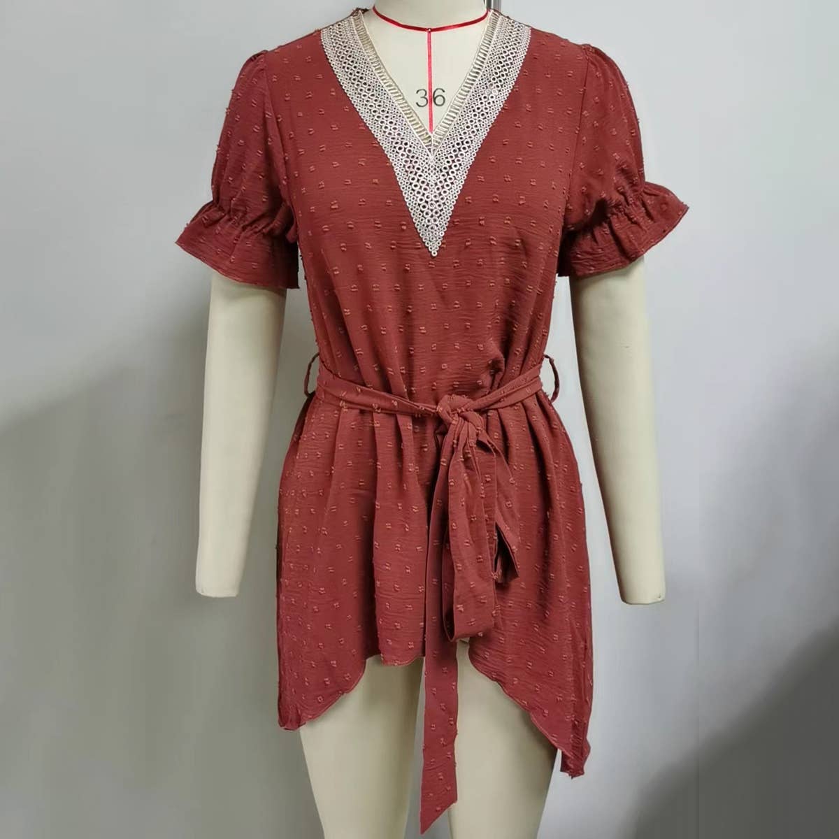 V-Neck Lace Jacquard Lace Up Short Sleeved Dress