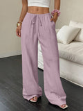 Solid-Color Textured Drawstring Wide-Leg Pants