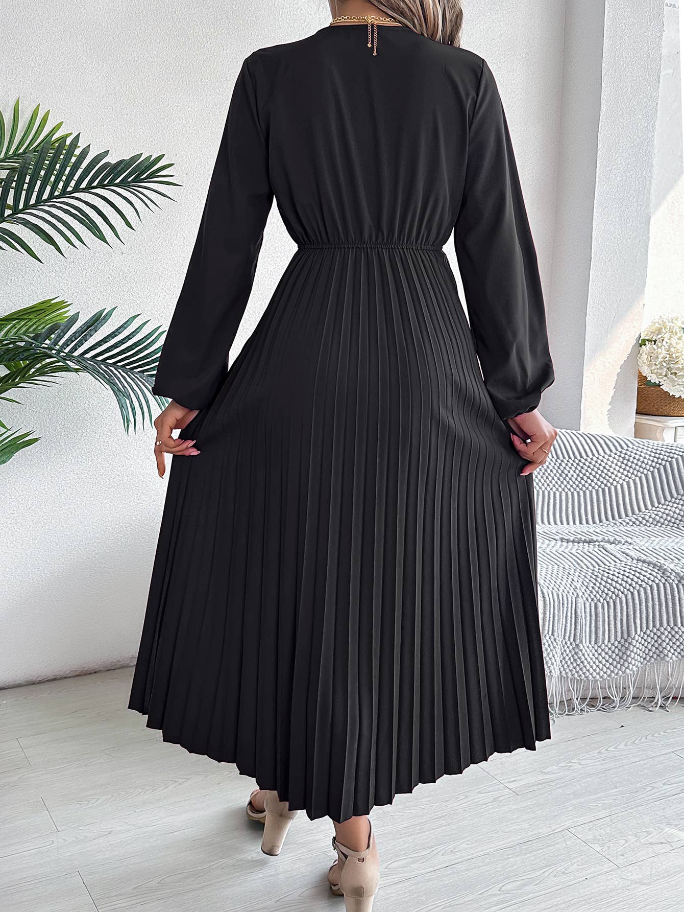 Triple V-Neck Long-Sleeved Waist Pleated Dress