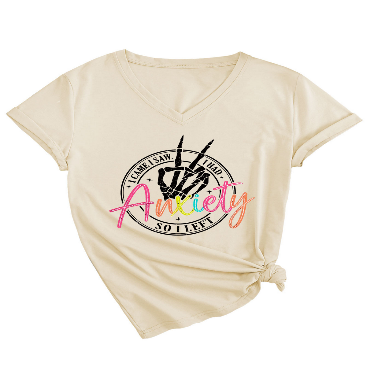 Trendy V-Neck Tee I Came Saw Print