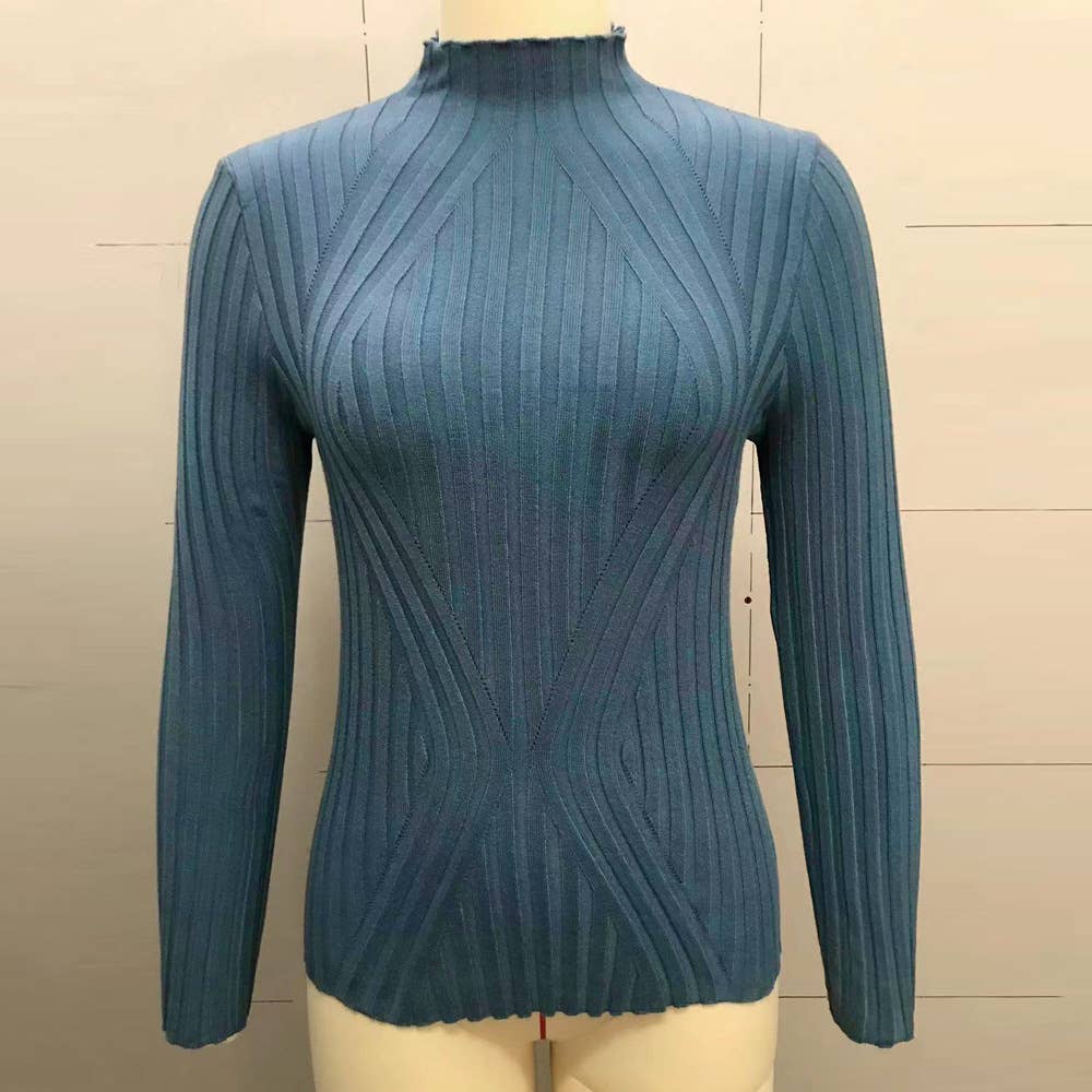 Wide-Striped Solid-Color Long-Sleeved Top