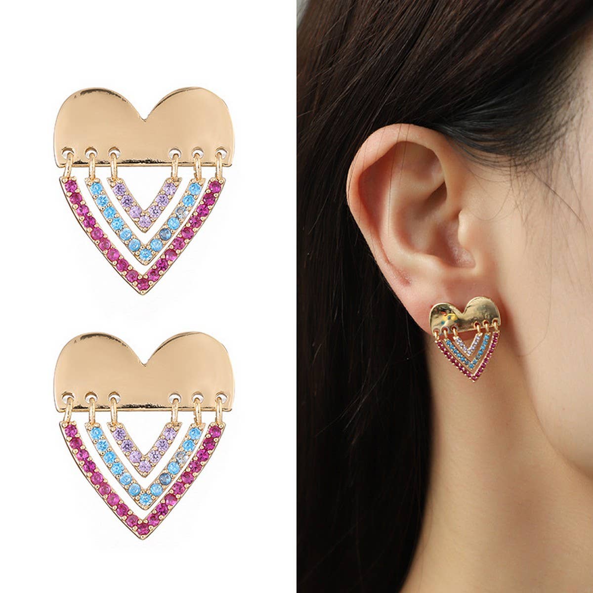FASHION HEART COLOR DIAMOND NECKLACE EARRING SET_CWAJE2848