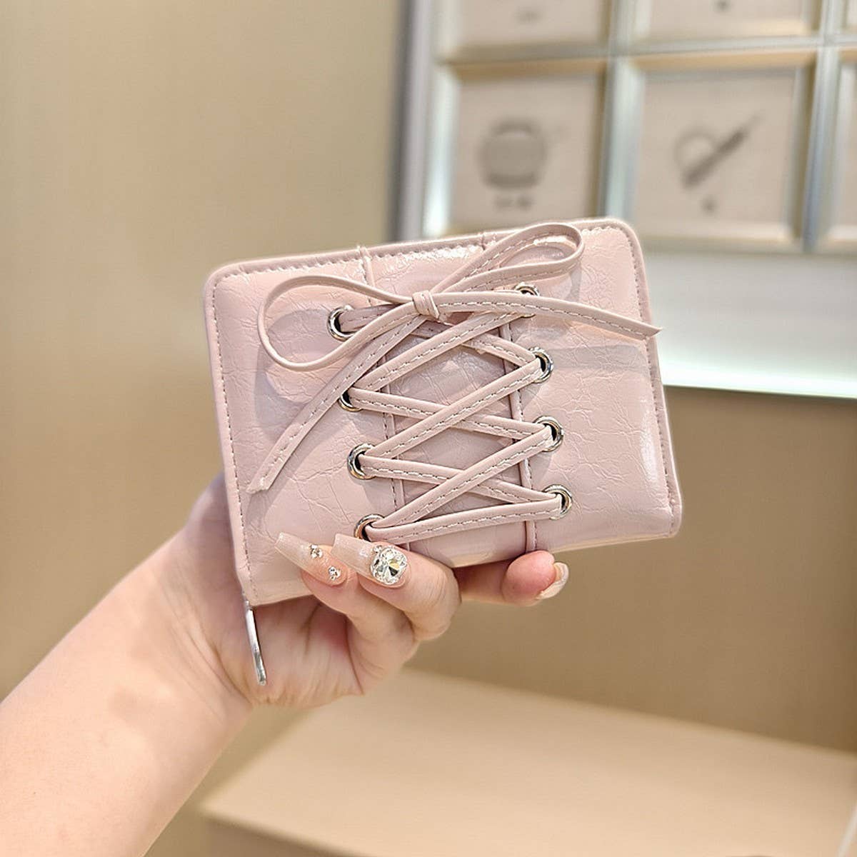 Solid Color Bow Pu Zipper Wallet, Large Capacity_Cwab06247
