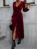 V-Neck Lace-Up Waist Slit Long Velvet Dress