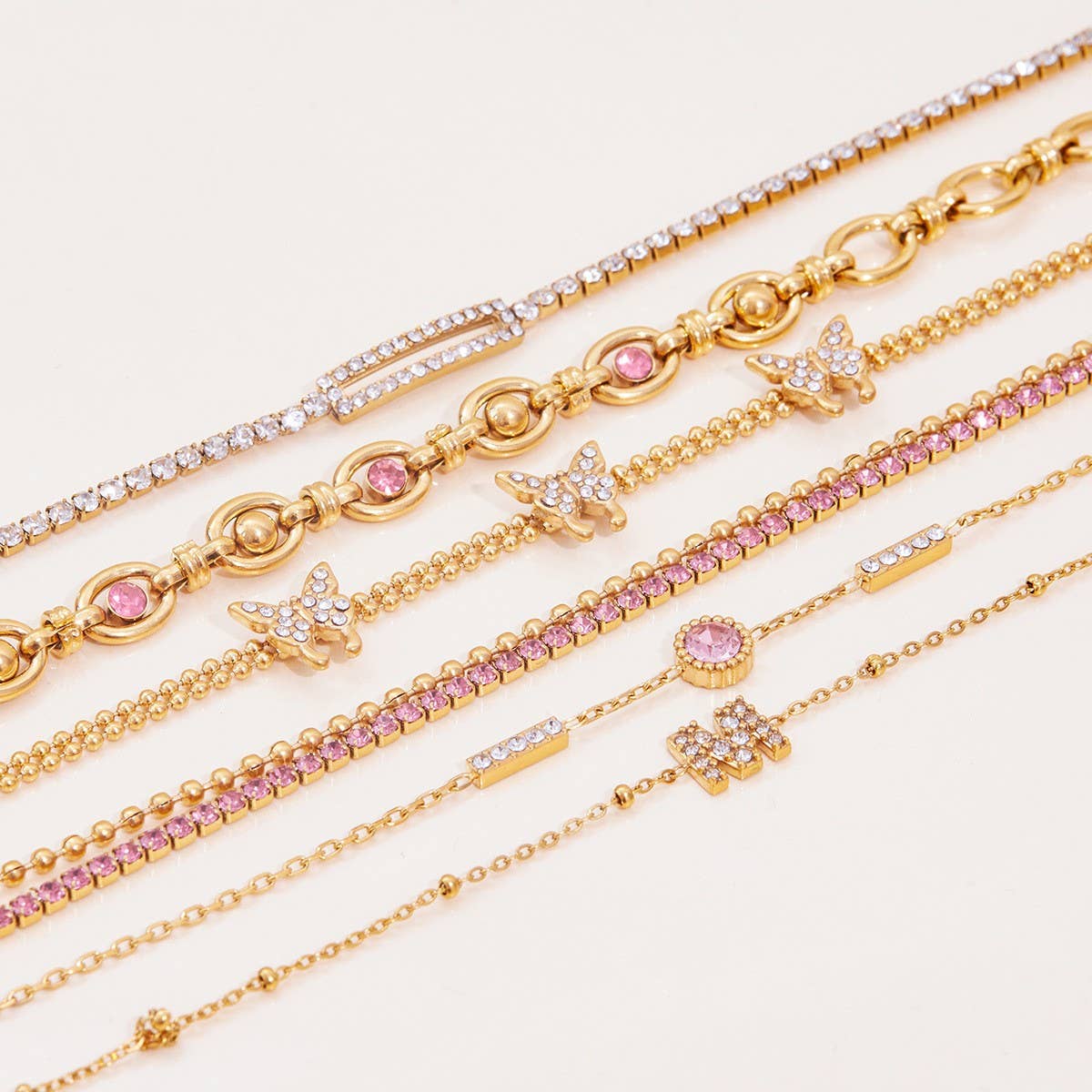 18K GOLD PINK ZIRCON ROUND CHAIN BRACELET STEEL_CWAJE4678