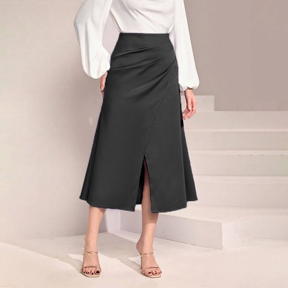 HIGH WAIST SATIN PLEATED SLIT MAXI SKIRT_CWBSS0420