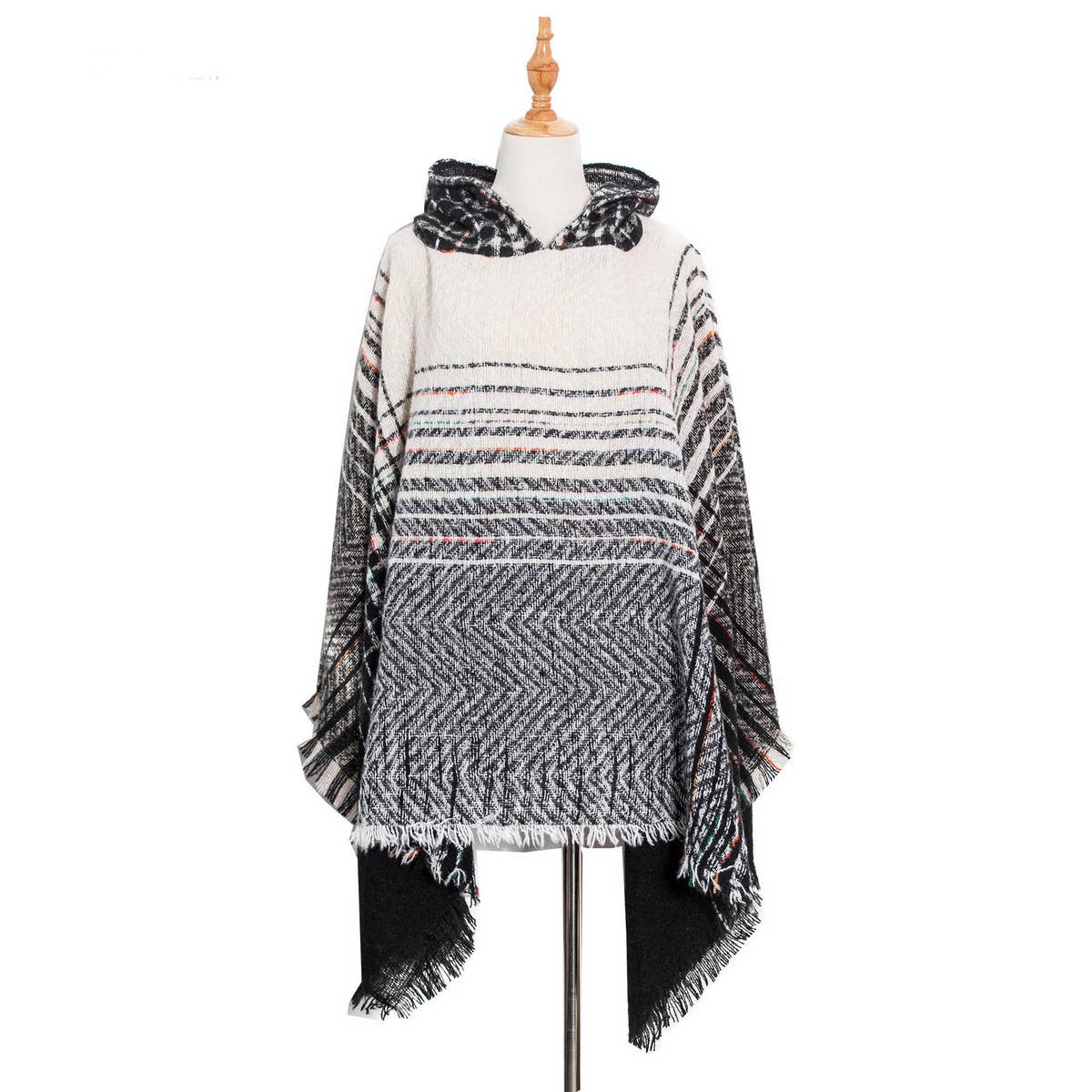 NEW HERRINGBONE GRADIENT HOODED CAPE SHAWL_CWASC1203