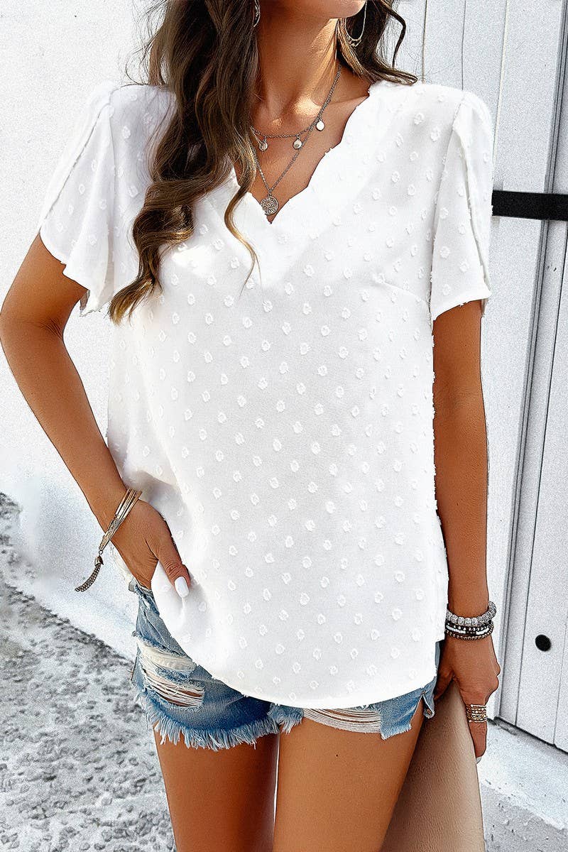 Solid Color V Neck Lotus Sleeve Top_Cwtsts0169