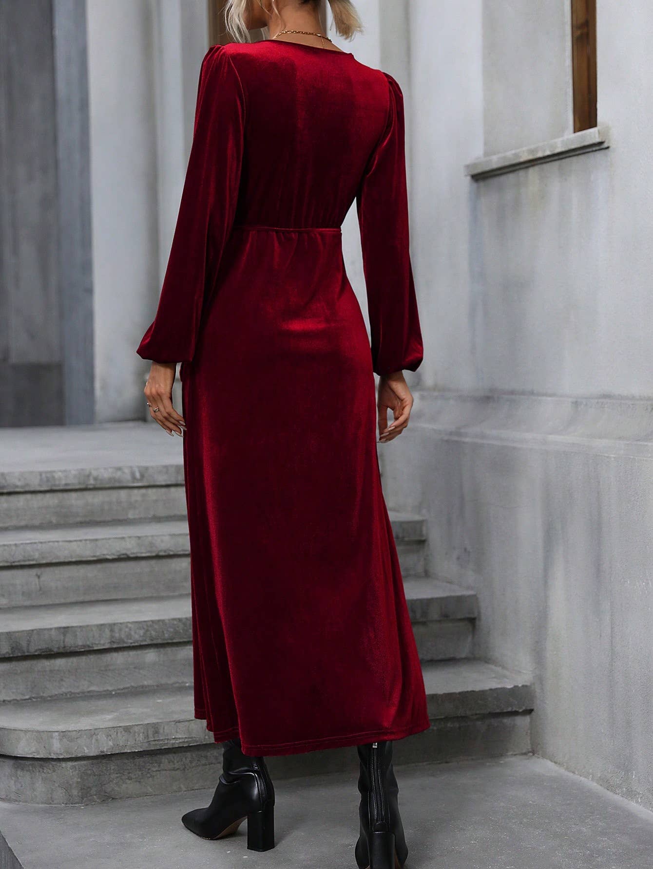 V-Neck Lace-Up Waist Slit Long Velvet Dress