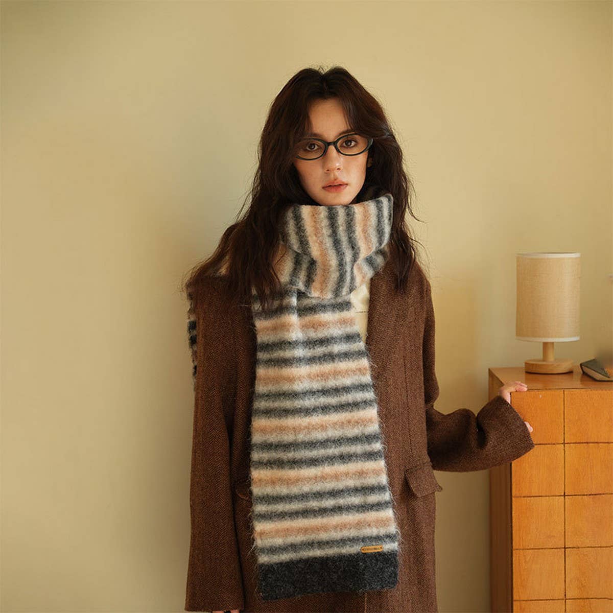 PLUSH KNIT STRIPED WOOL BLEND SCARF FOR WINTER_CWASC2363