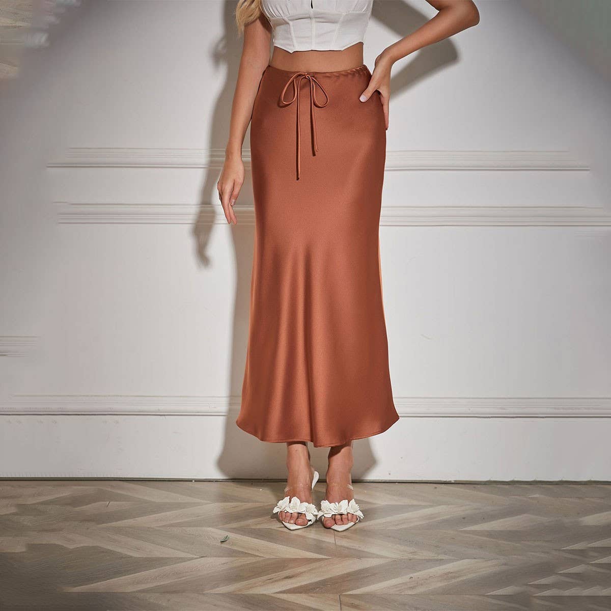 SATIN LONG SKIRT HIGH WAIST DRAWSTRING SKIRT_CWAB4792