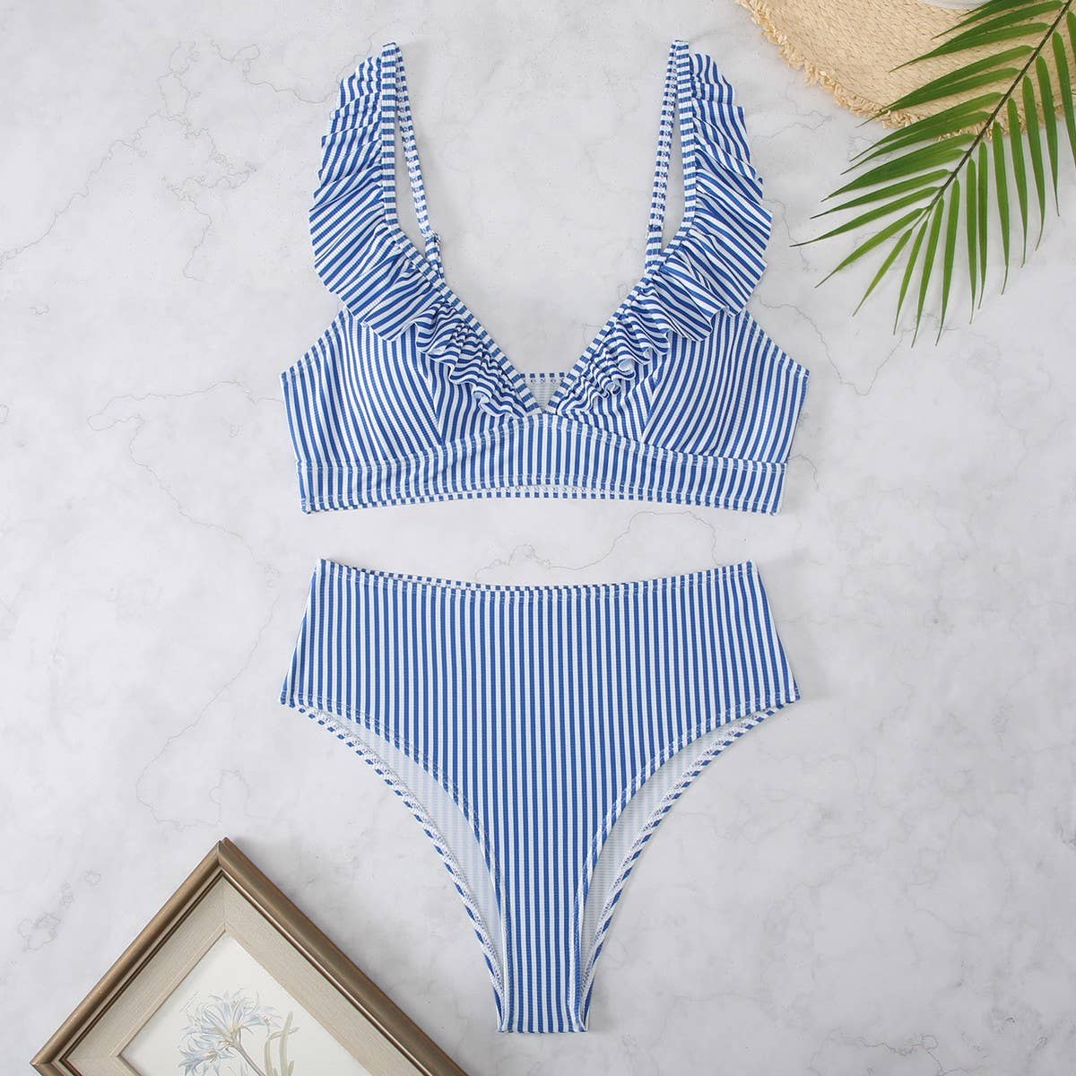HIGH WAISTED V NECK RUFFLED BIKINI SWIMSUIT_CWMW0200