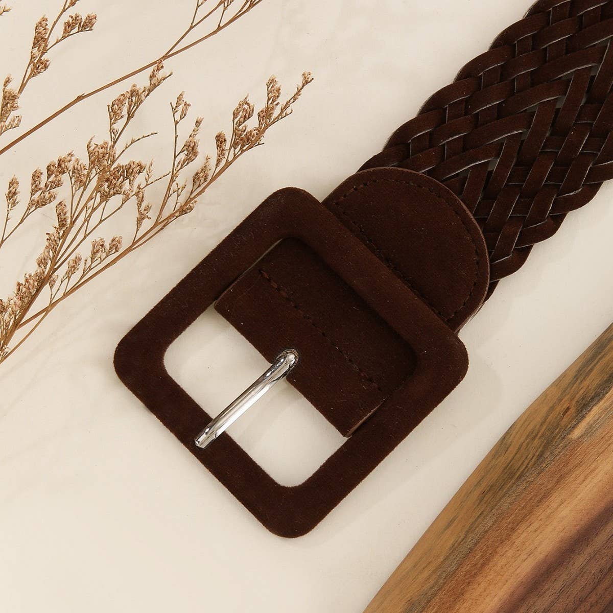 SQUARE BUCKLE SOLID COLOR WOVEN WIDE BELT_CWMM3959