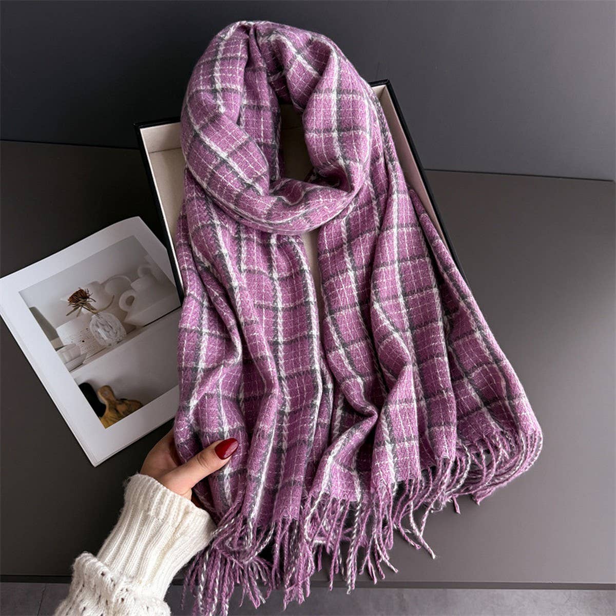 Vintage Plaid Winter Cashmere Feel Tassel Scarf_Cwasc03259