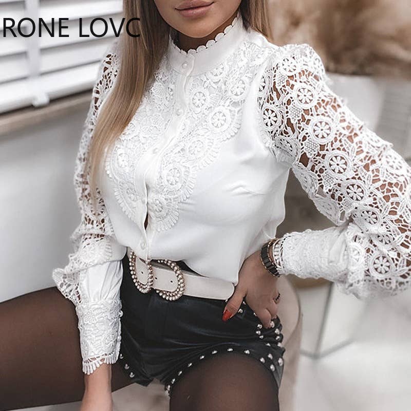 Solid Color Lace V-Neck Cardigan Shirt For Women