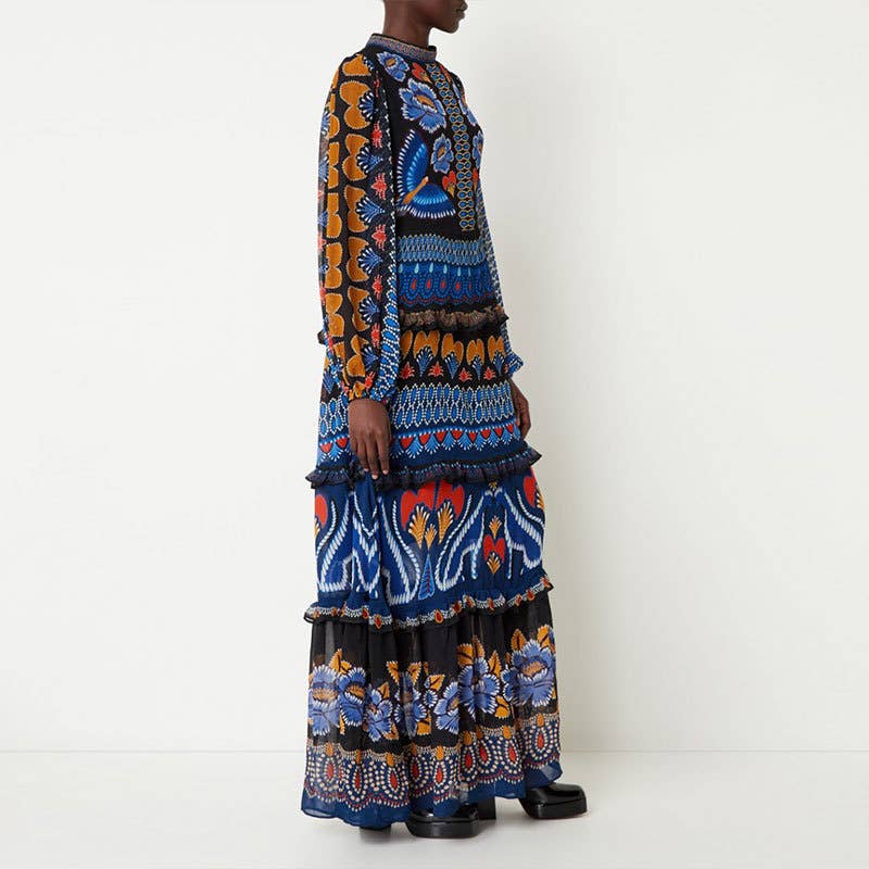 Vintage Long-Sleeved Printed Cake Fashion Dress