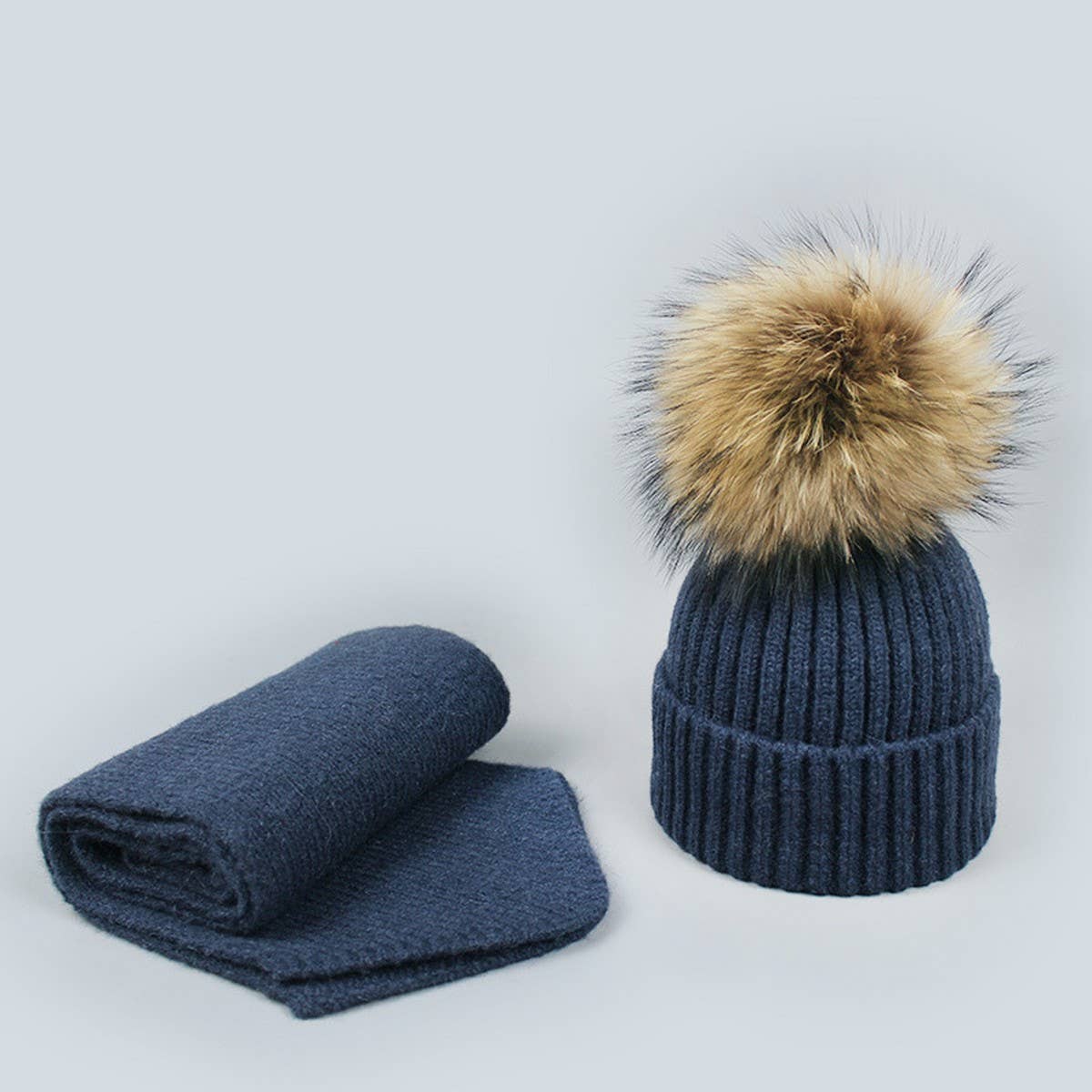 Knit Hat & Scarf Set With Pom Ball_Cwah05028