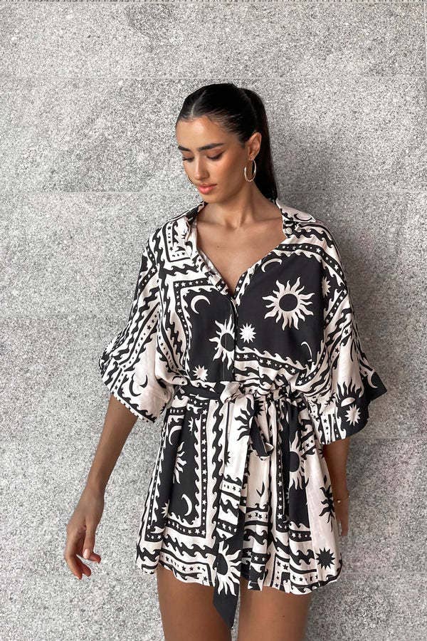 Waist-Cinched Lace-Up V-Neck Geometric Jumpsuit