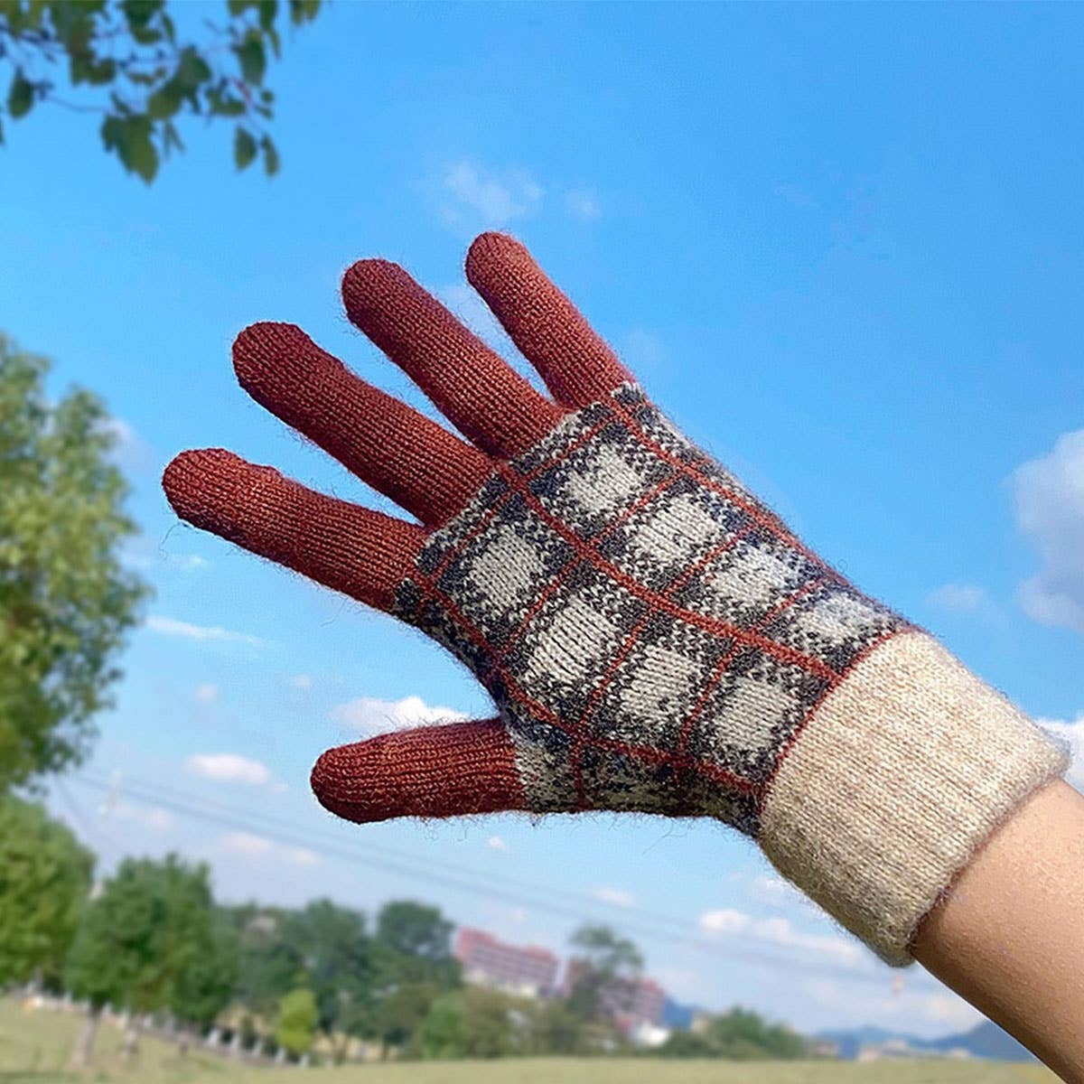 KNITTED FLEECE PLAID TOUCH SCREEN WARM GLOVES_CWAG0371