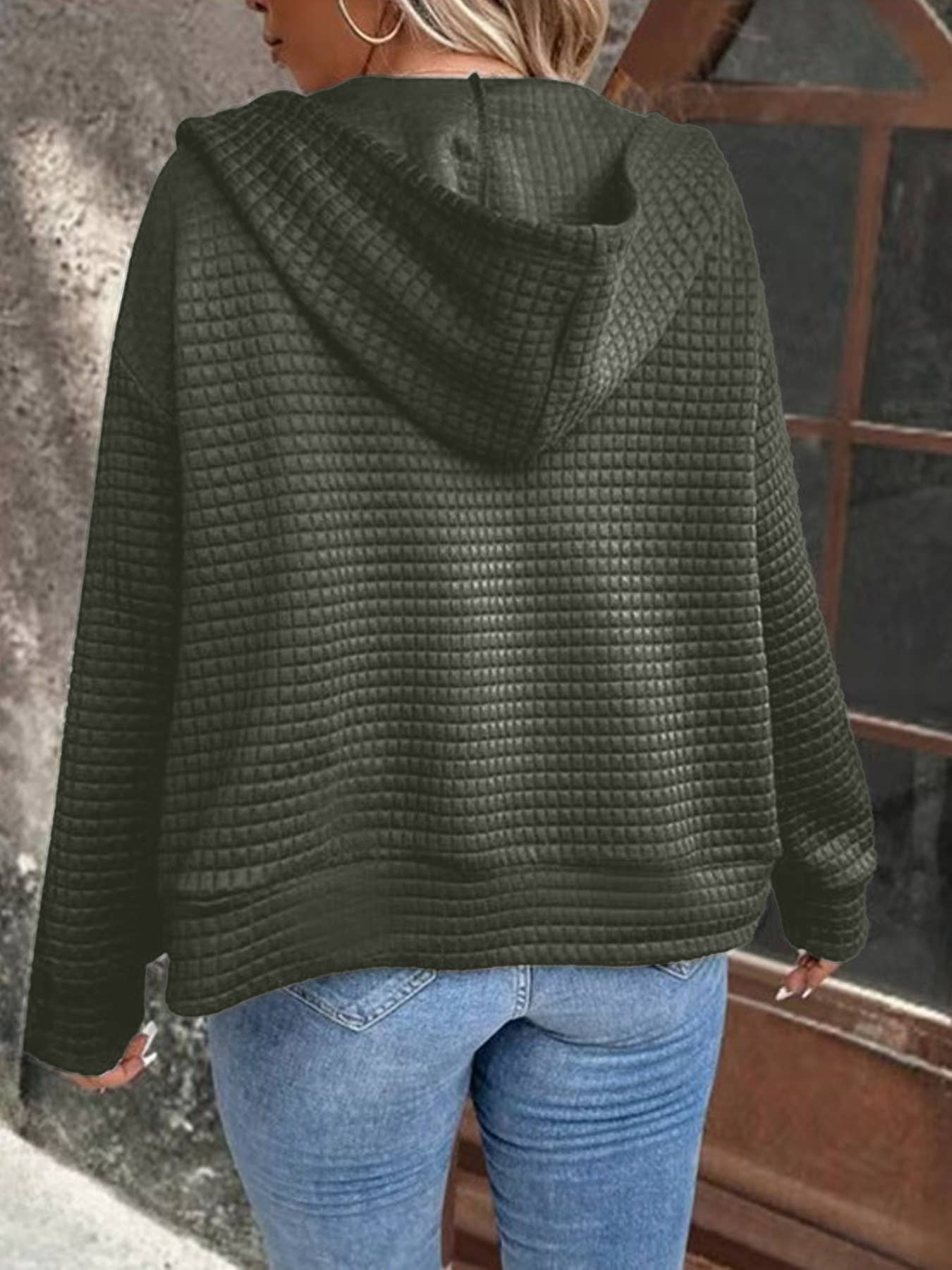 Waffle Coat With Hooded Drawstring Sports Zipper