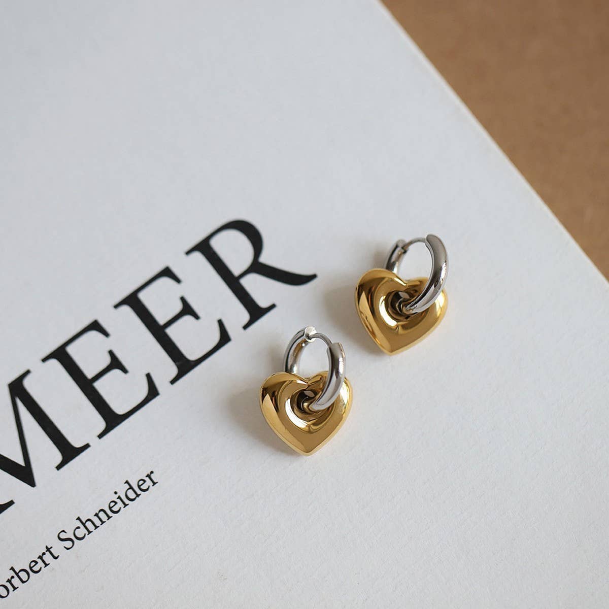 Unique Two-Tone Heart Clip Earrings Silver Plated