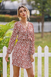 V-Neck Waist Floral Long-Sleeved Short Dress