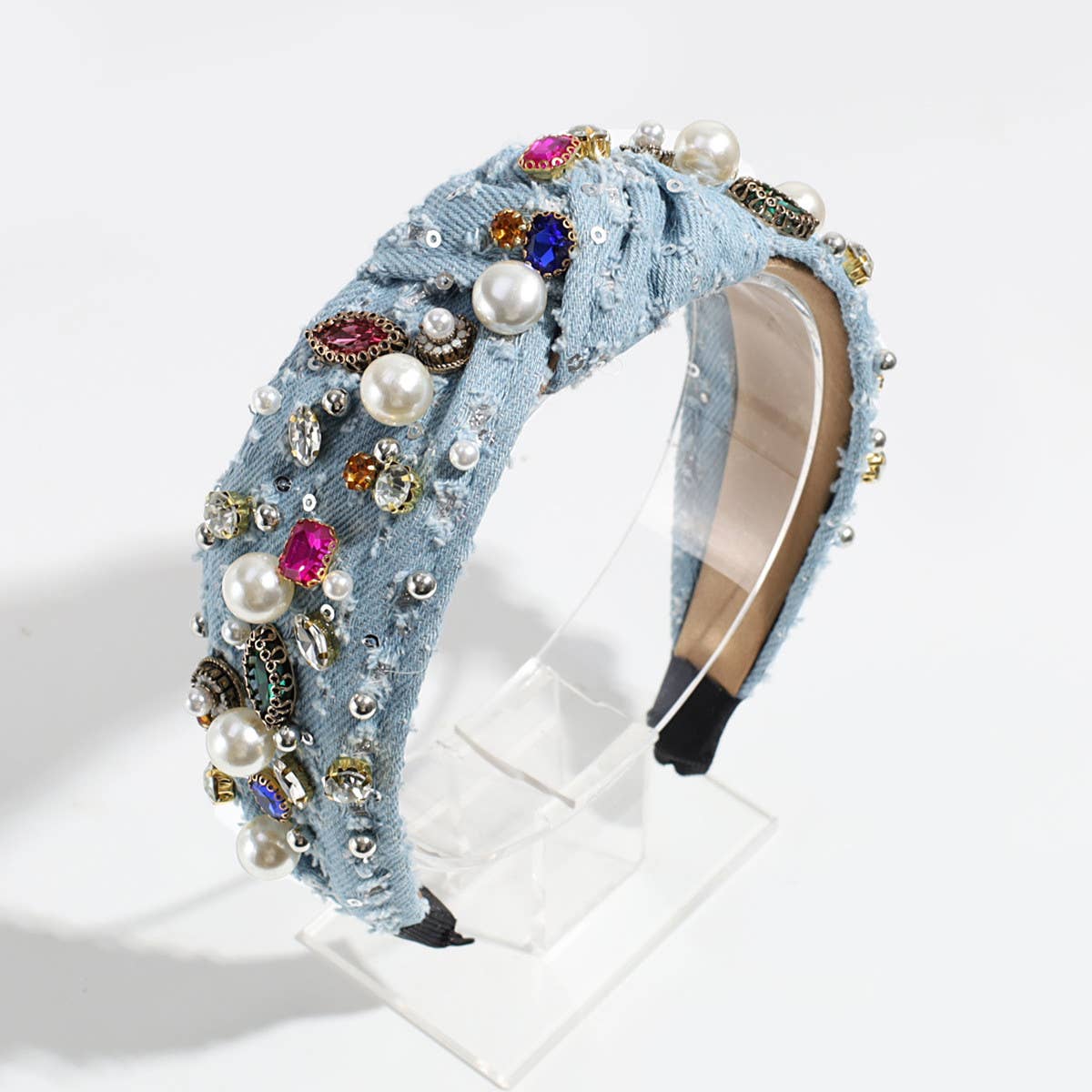 KNOTTED DENIM HEADBAND WITH COLORFUL RHINESTONES_CWAHA2292