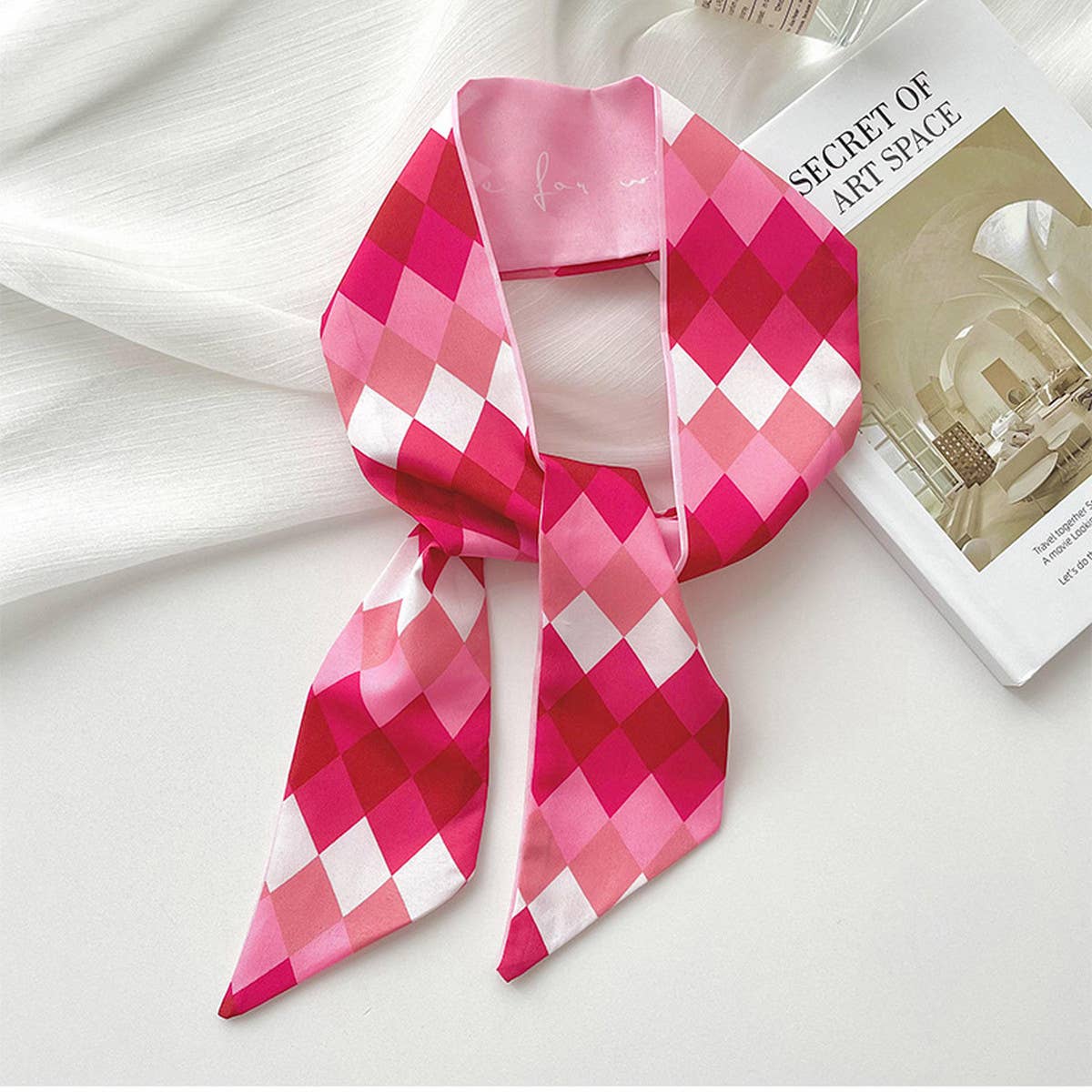 PINK FLORAL SKINNY SCARF HAIR TIE BAG RIBBON_CWASC0708