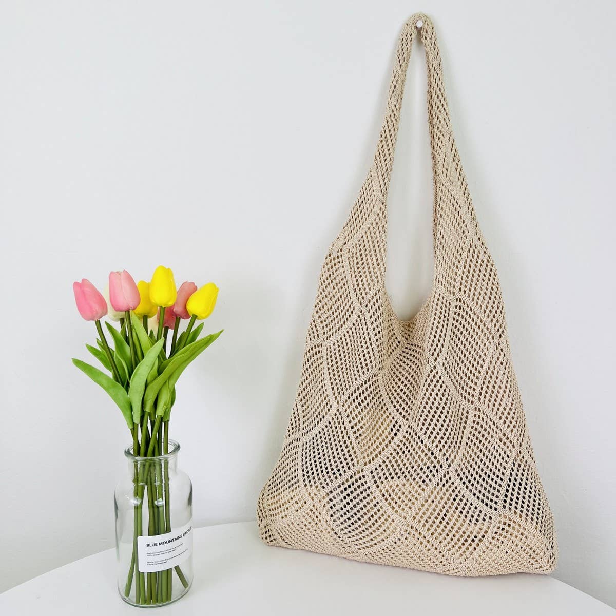 Cwab4575_Solid Knit Hollow Woven Shoulder Tote Bag