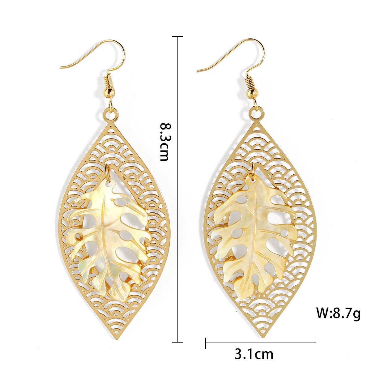 HOLLOW YELLOW SHELL LEAF CARVED EARRINGS_CWMM4366