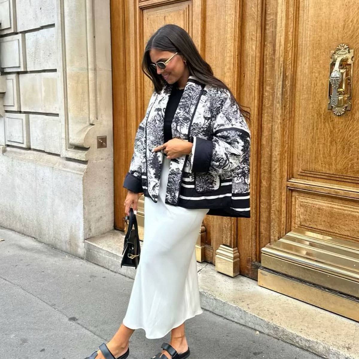 QUILTED JACKET WITH FLORAL PRINT LAPEL_CWOJA1565