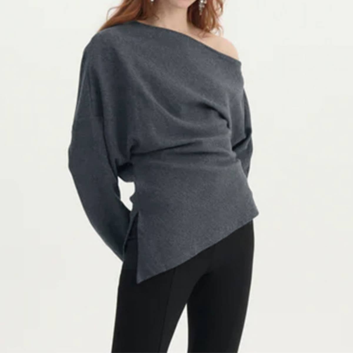 Solid Color Knit Slant Shoulder All-In-One Casual Top
