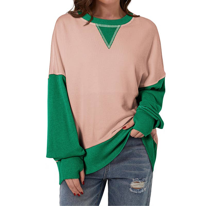Two-Tone Round-Neck Loose Pullover Hoodie