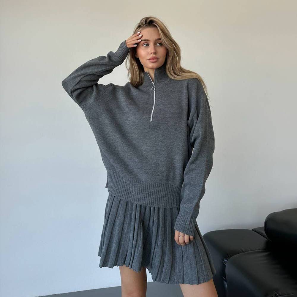 Two-Piece Knitted Sweater And Short Skirt Set