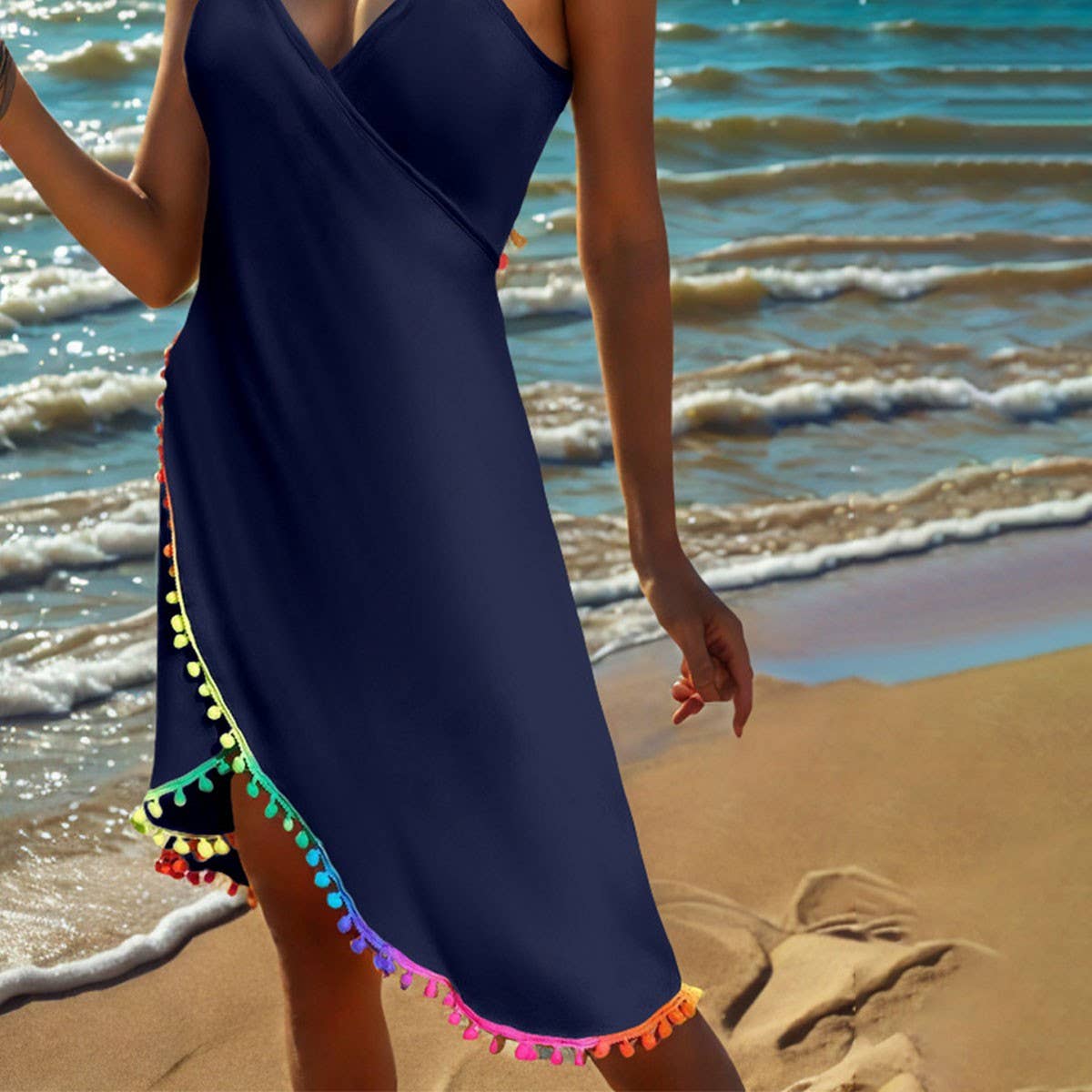 PLUS SIZE ONE PIECE BEACH SKIRT TASSEL TRIM DRESS_CWBLS0478
