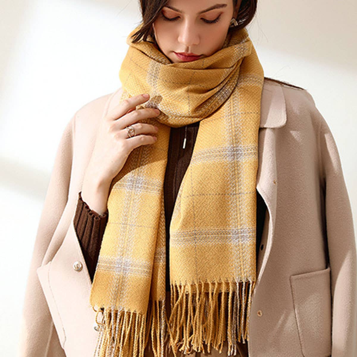 PLAID FAUX CASHMERE SCARF TASSEL WINTER SHAWL_CWASC0218