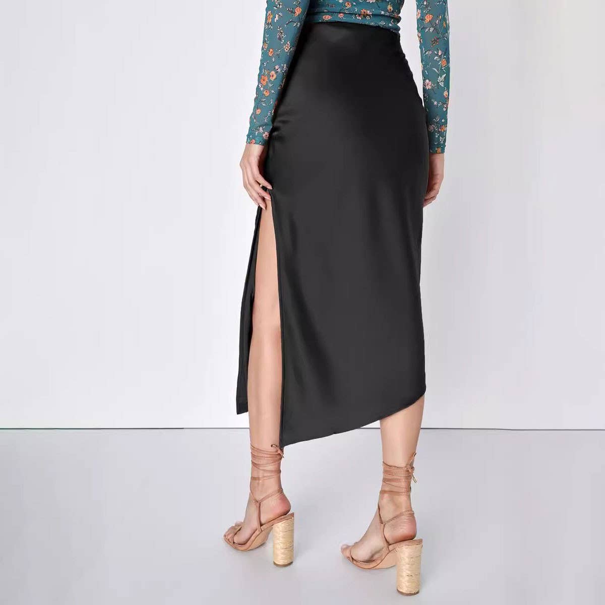 SATIN SKIRT ASYMMETRIC HIGH WAIST MAXI SKIRT_CWBSS0413