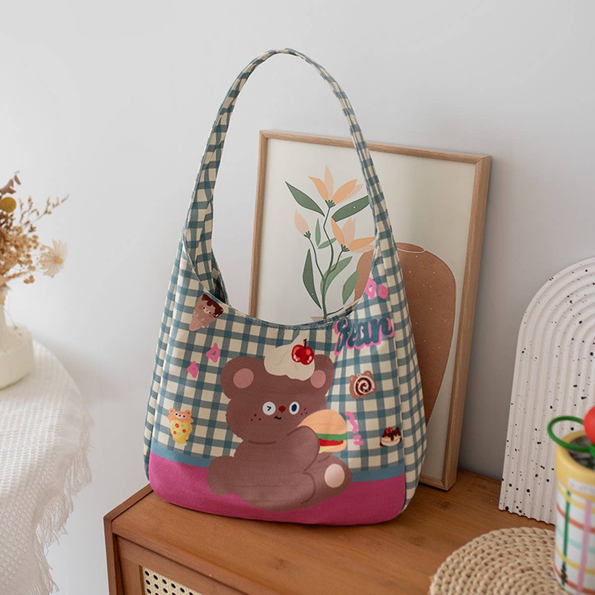 LIGHTWEIGHT LARGE CANVAS TOTE WITH PLAID DESIGN_CWAB5641